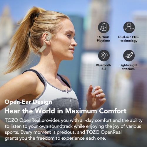TOZO OpenReal Open Ear Headphones Bluetooth 5.3 Air Conduction Wireless Headphones Sport Earbuds with Premium Sound Dual-Mic Call Noise Reduction
