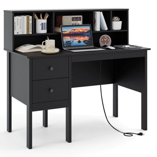 COSTWAY  48" Computer Desk With Power Outlets Type-C 5-Cubby Hutch & 2 Storage Drawers
