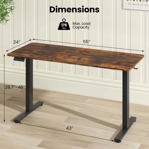 Costway 55" x 24" Electric Standing Desk with 3 Memory Height Settings 2 Hanging Hooks