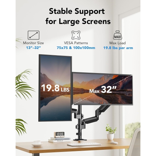 Dual Monitor Mount up to 32 inches Screens, Taller Monitor Stand Hold 19.8lbs, Dual Monitor Arm Desk Mount Easy Adjustable with Tilt, Swivel,