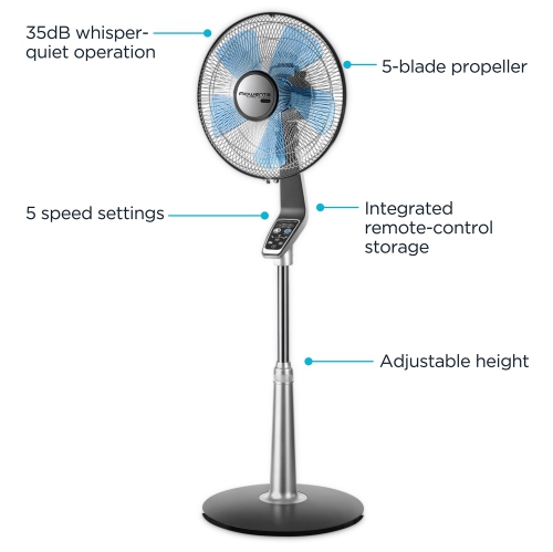 Rowenta VU5670 Turbo silence Stand Fan Oscillating Fan with Remote Control, Standing Fan, 5-speed, Silver