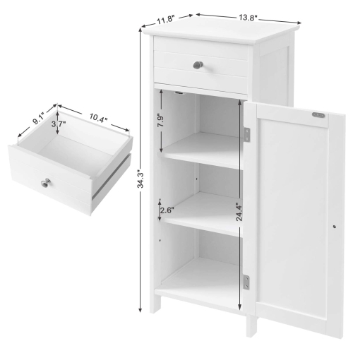 VASAGLE Bathroom Floor Cabinet Wooden Storage Organizer Unit with Drawer and Shelf White UBBC48WT