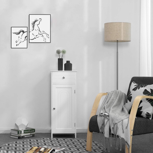 VASAGLE Bathroom Floor Cabinet Wooden Storage Organizer Unit with Drawer and Shelf White UBBC48WT
