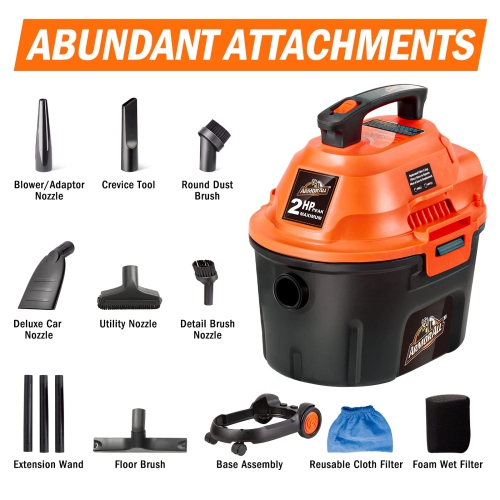 Armor All – aspirateur à déchets secs/humides 255 W de 2,5 gallons, 2,0 a, pointe, avec buses et brosse, 2,5 gallons, orange/noir