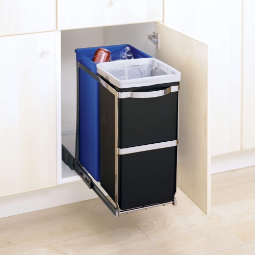 simplehuman 35 Liter / 9.3 Gallon Dual Compartment Under Counter Kitchen Cabinet Pull-Out Recycling Bin and Trash Can,..