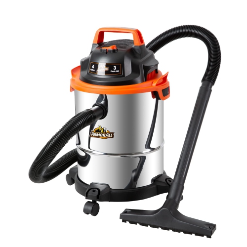 Armor All VO408S 0901 4 Gallon Wet/Dry Vac 3.0 Peak HP Shop Vacuum with 3 Nozzles and 1 Brush, Stainless Steel Tank, O..
