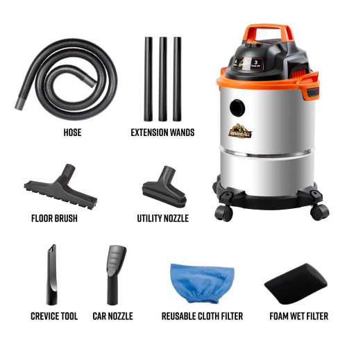 Armor All VO408S 0901 4 Gallon Wet/Dry Vac 3.0 Peak HP Shop Vacuum with 3 Nozzles and 1 Brush, Stainless Steel Tank, O..