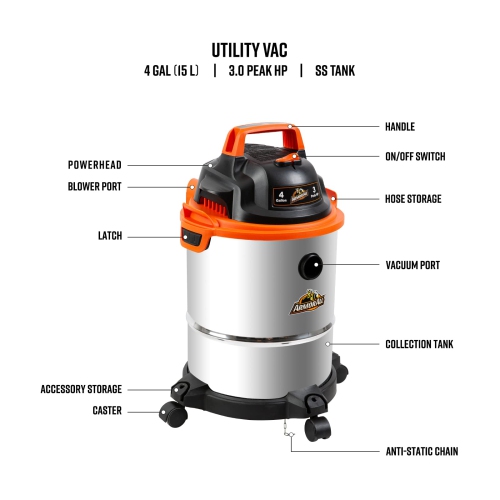 Armor All VO408S 0901 4 Gallon Wet/Dry Vac 3.0 Peak HP Shop Vacuum with 3 Nozzles and 1 Brush, Stainless Steel Tank, O..