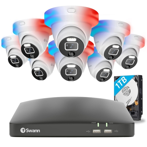 Système de sécurité à DVR 8 canaux HD intégrale 1&nbsp;To 1080p To de Swann avec 8 caméras à dôme clignotants rouges et bleus de type police SwannFor