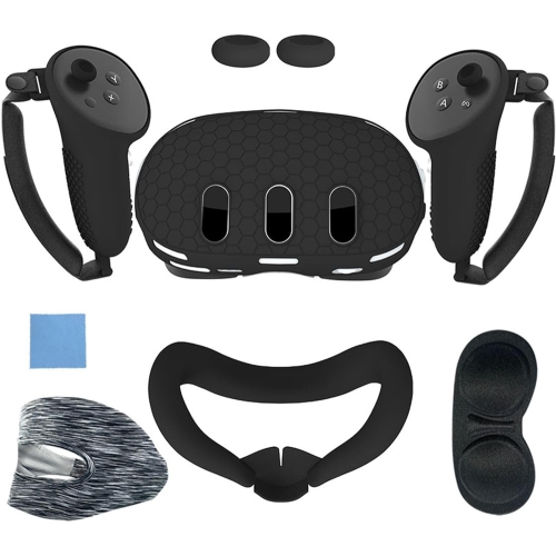 navor 7 in 1 Silicone Protective Case Cover Set for Meta Quest 3 VR Accessories Headset Controller Shell, Eyes, Face, Grip Button & Lens Cover-Black