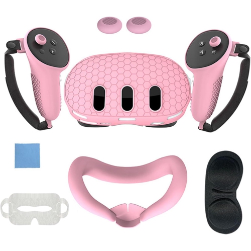 Étui protecteur en silicone 7-en-1 de Navor pour casque de réalité virtuelle Meta Quest 3; coque, yeux, visage, poignée et couvre-objectif - Rose