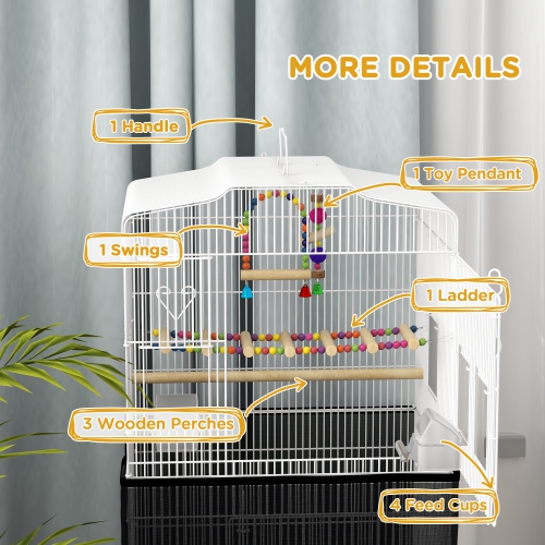 PawHut 36" Bird Cage for Finches, Canaries Budgies, Parrot Cage with Accessories, Handle, Mesh Cover, Tray, White