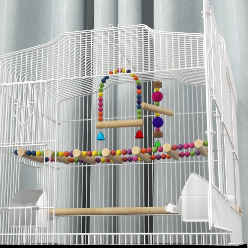 PawHut 36" Bird Cage for Finches, Canaries Budgies, Parrot Cage with Accessories, Handle, Mesh Cover, Tray, White