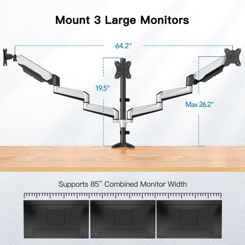 Triple Monitor Mount for 17 to 32 inch Screens, Gas Spring Adjustment Triple Monitor Stand with Swivel, Tilt, Rotation, Clamp & Grommet Kit, Silver