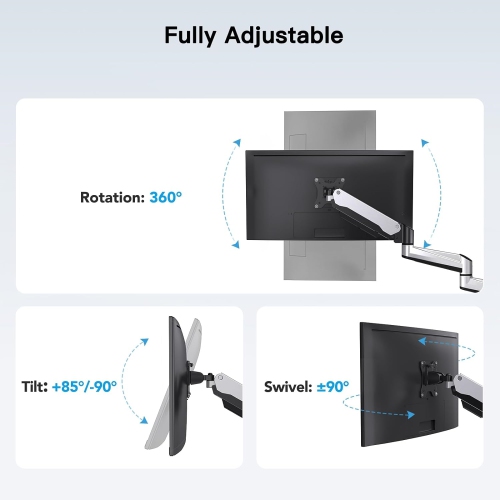 Triple Monitor Mount for 17 to 32 inch Screens, Gas Spring Adjustment Triple Monitor Stand with Swivel, Tilt, Rotation, Clamp & Grommet Kit, Silver