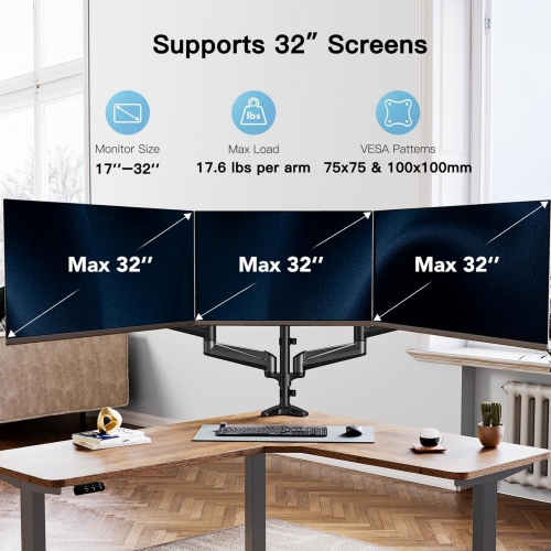 Triple Monitor Mount for 17 to 32 inch Screens, Gas Spring Adjustment Triple Monitor Stand with Swivel, Tilt, Rotation, Clamp & Grommet Kit, Black