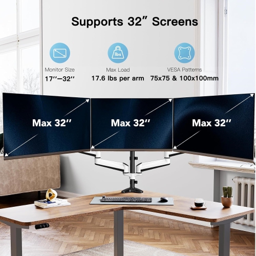 Triple Monitor Mount for 17 to 32 inch Screens, Gas Spring Adjustment Triple Monitor Stand with Swivel, Tilt, Rotation, Clamp & Grommet Kit, White