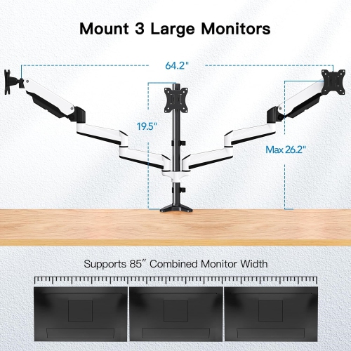 Triple Monitor Mount for 17 to 32 inch Screens, Gas Spring Adjustment Triple Monitor Stand with Swivel, Tilt, Rotation, Clamp & Grommet Kit, White