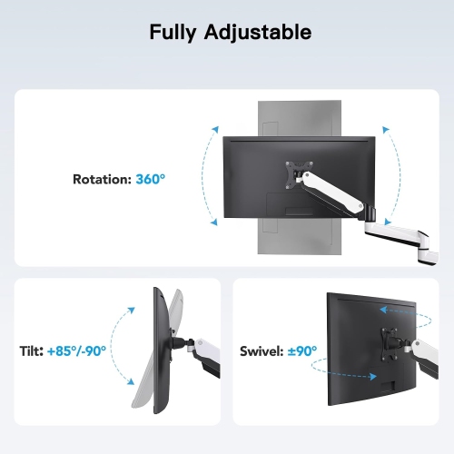 Triple Monitor Mount for 17 to 32 inch Screens, Gas Spring Adjustment Triple Monitor Stand with Swivel, Tilt, Rotation, Clamp & Grommet Kit, White