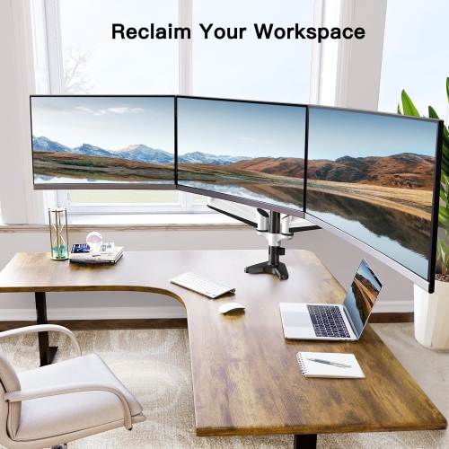 Triple Monitor Mount for 17 to 32 inch Screens, Gas Spring Adjustment Triple Monitor Stand with Swivel, Tilt, Rotation, Clamp & Grommet Kit, White