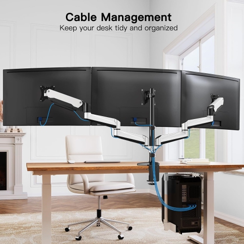 Triple Monitor Mount for 17 to 32 inch Screens, Gas Spring Adjustment Triple Monitor Stand with Swivel, Tilt, Rotation, Clamp & Grommet Kit, White