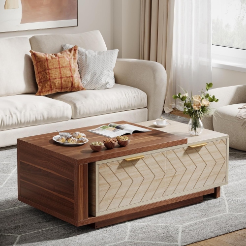Tribesigns Extendable Coffee Table with 2 Storage Drawers, Dual-Tone Center Table with Sliding Tabletop