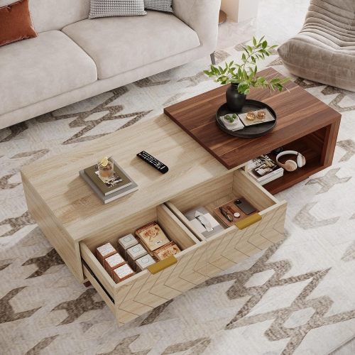 Tribesigns Extendable Coffee Table with 2 Storage Drawers, Dual-Tone Center Table with Sliding Tabletop