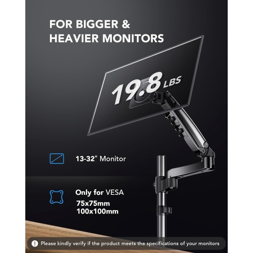 Single Monitor Mount, Adjustable Monitor Arm Desk Mount Fits 13-32 inch Screen, Holds 19.8lb, Gas Spring Monitor Stand with 24.41 inch Max Height,