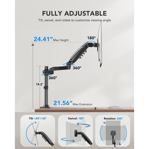 Single Monitor Mount, Adjustable Monitor Arm Desk Mount Fits 13-32 inch Screen, Holds 19.8lb, Gas Spring Monitor Stand with 24.41 inch Max Height,