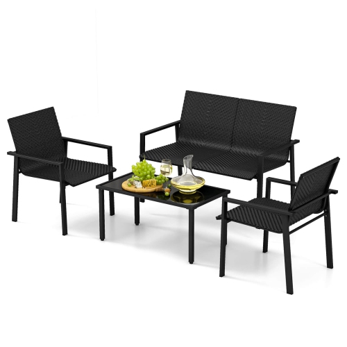 COSTWAY  4 PCs Outdoor Wicker Patio Furniture Set With Heavy-Duty Galvanized Metal Frame