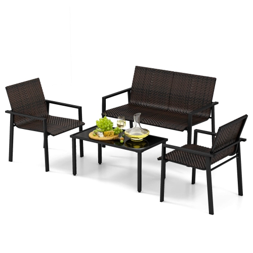 COSTWAY  4 PCs Outdoor Wicker Patio Furniture Set With Heavy-Duty Galvanized Metal Frame