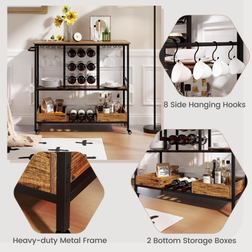 Chariot de bar à 3 niveaux de Costway pour la maison sur roulettes avec porte-bouteilles en verre