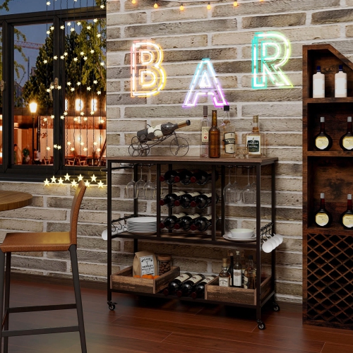 Costway 3 Tiers Bar Cart Home Serving Cart on Wheels with Glass Racks Wine Holders