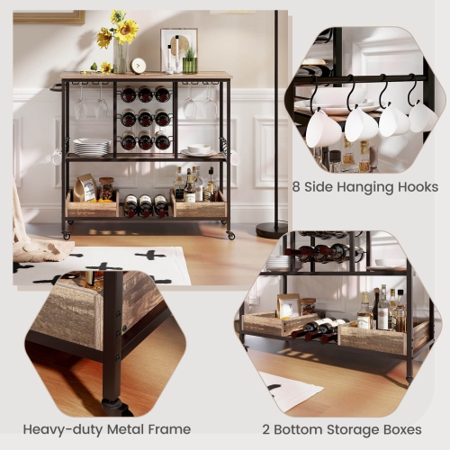 Costway 3 Tiers Bar Cart Home Serving Cart on Wheels with Glass Racks Wine Holders