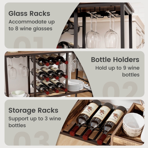 Costway 3 Tiers Bar Cart Home Serving Cart on Wheels with Glass Racks Wine Holders