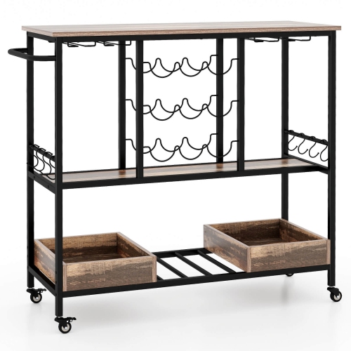 Costway 3 Tiers Bar Cart Home Serving Cart on Wheels with Glass Racks Wine Holders