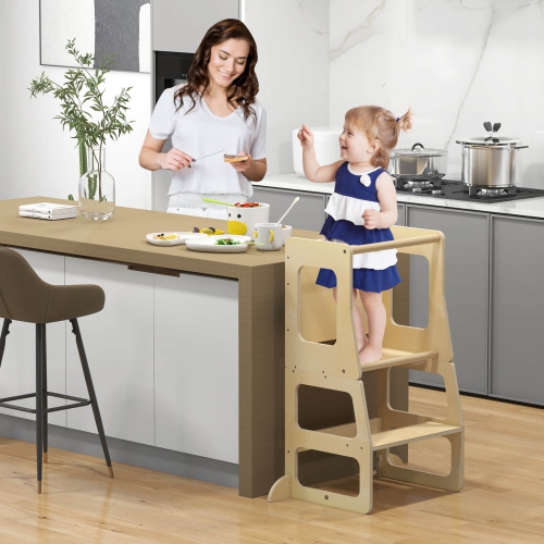 Tour de cuisine pliable 3-en-1 de Costway pour tout-petits avec table de sevrage à tableau noir