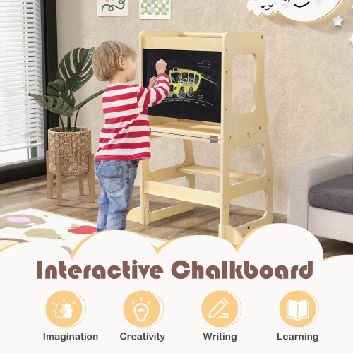 Tour de cuisine pliable 3-en-1 de Costway pour tout-petits avec table de sevrage à tableau noir