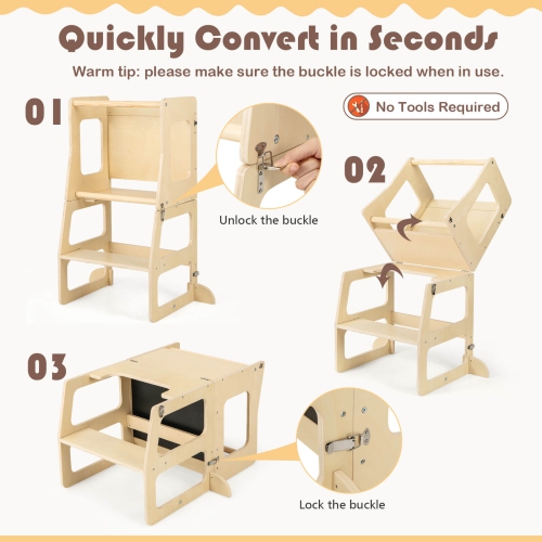 Tour de cuisine pliable 3-en-1 de Costway pour tout-petits avec table de sevrage à tableau noir
