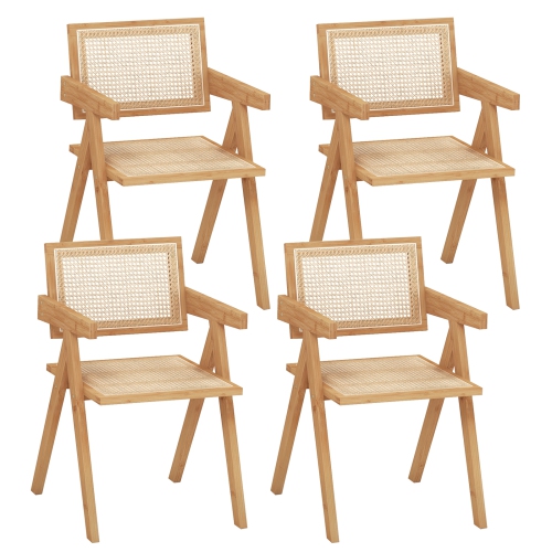 Costway Set of 4 Rattan Accent Chairs Mid Century Dining Armchair Bamboo Frame Kitchen Natural