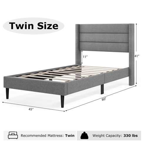 Costway Twin Bed Frame with Wingback Headboard Linen Upholstered Platform Bed Grey