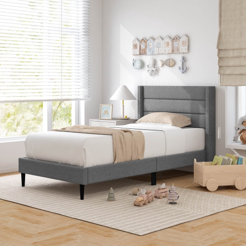 Costway Twin Bed Frame with Wingback Headboard Linen Upholstered Platform Bed Grey