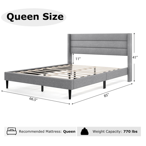 Costway Queen Bed Frame with Wingback Headboard Linen Upholstered Platform Bed Grey