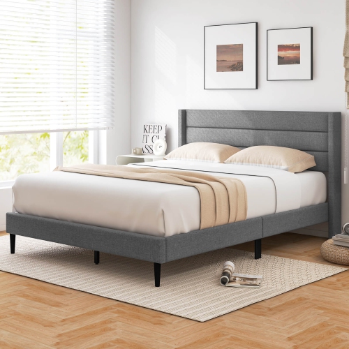Costway Queen Bed Frame with Wingback Headboard Linen Upholstered Platform Bed Grey