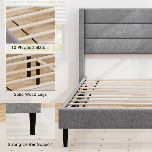Costway Queen Bed Frame with Wingback Headboard Linen Upholstered Platform Bed Grey