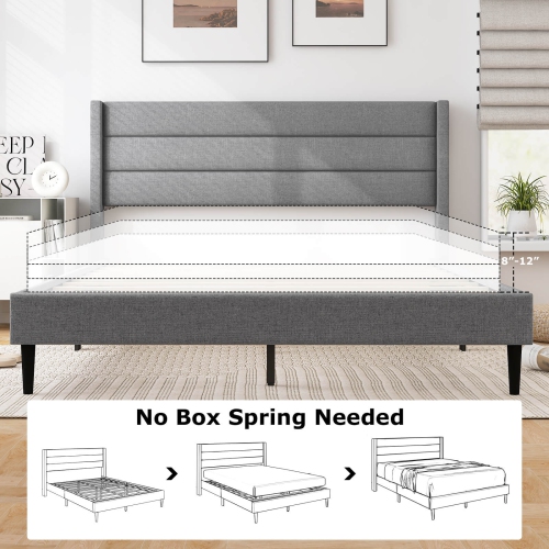 Costway Queen Bed Frame with Wingback Headboard Linen Upholstered Platform Bed Grey