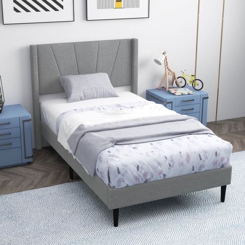 Costway Twin Bed Frame Modern Platform Bed with Linen Upholstered Wingback Headboard