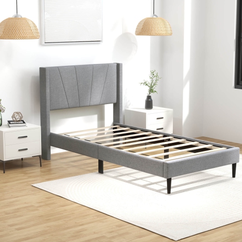Costway Twin Bed Frame Modern Platform Bed with Linen Upholstered Wingback Headboard