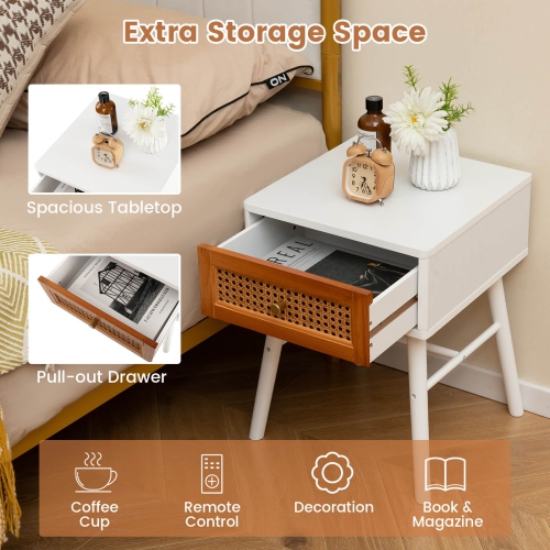 Costway 1 PCS Nightstand with Storage Drawer Rattan Decoration Solid Wood Legs for Bedroom