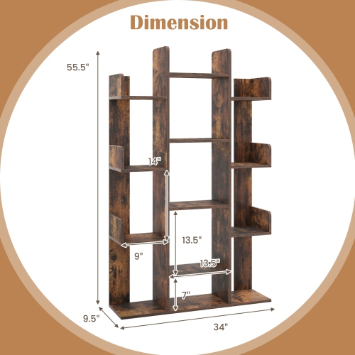 Costway 2 PCS Bookshelf Tree-Shaped Bookcase with 13 Storage Shelf Rustic Industrial Style Rustic Brown